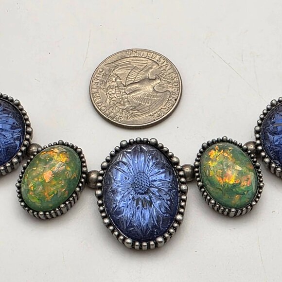 Blue Green Glass Bead Link Necklace Silver Tone Floral Molded 20" Adj Vintage - Picture 9 of 10